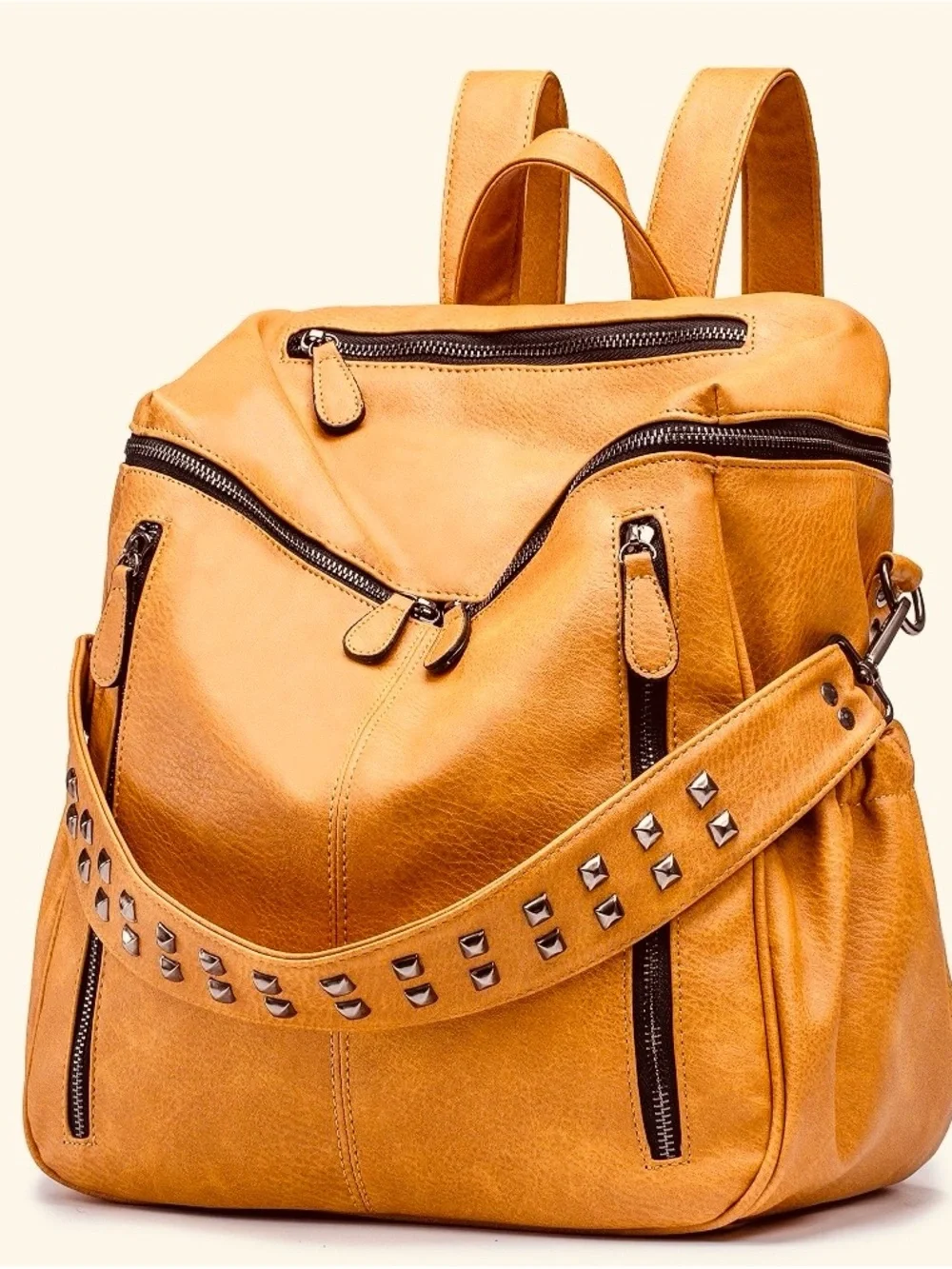 Stud-Accent Tan Vegan Leather Backpack